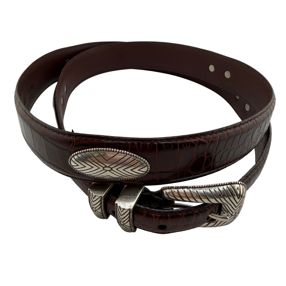 Roundtree & Yorke Mens Genuine‎ Leather Embossed Belt Silver Buckle Size 42